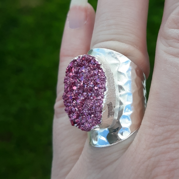 Pink Titanium Druzy Silver Plated Adjustable Ring. - Picture 3 of 8